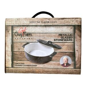 Guy Fieri Metallic Glazed Stoneware‎ 8 Inch Oval Covered Casserole Dish N…
